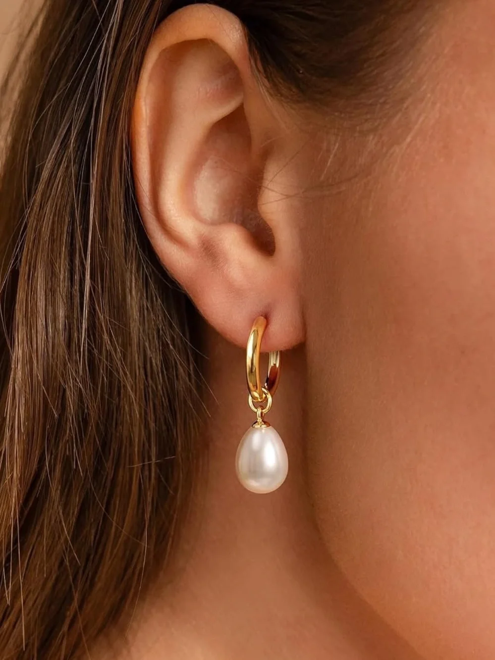 Anthropologie Gold Tone Hoop Earrings with White Pearl Drop
